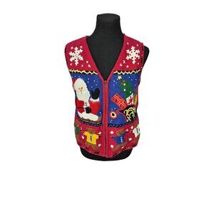 Vintage Christmas Vest Ugly Sweater‎ Santa & Bears Hampshire Studio M Red